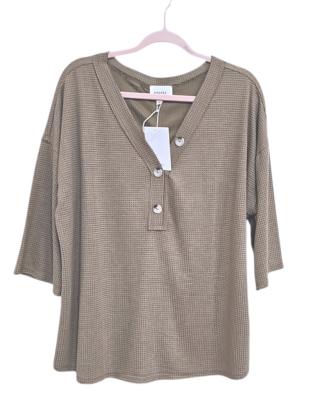 New Andree By Unit Waffle Henley Top Womens Plus Size 1X 2X 3X Tan Relaxed Fit